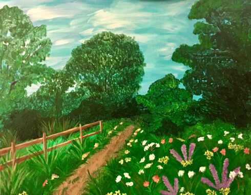 A painting of a path through the woods