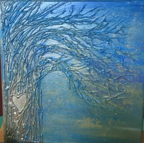 A painting of a tree with branches in the middle.
