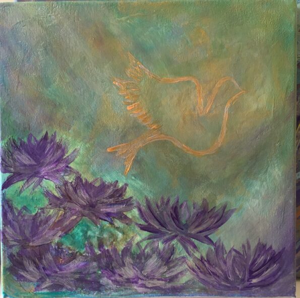 A painting of purple flowers and a bird.